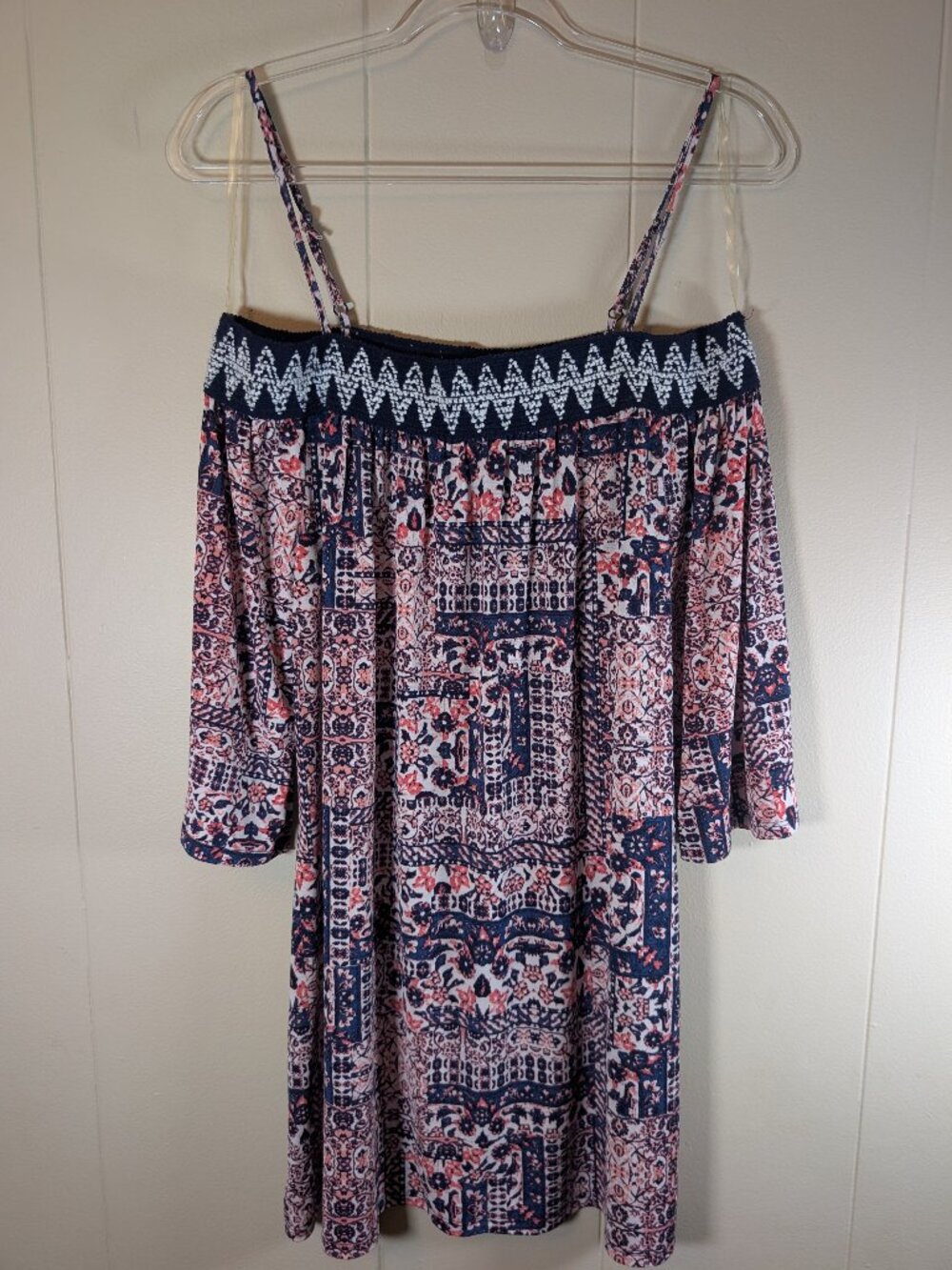 BOHO Paisley Print Off Shoulder Mini Dress M Three Pink Hearts Trixxi Smocked